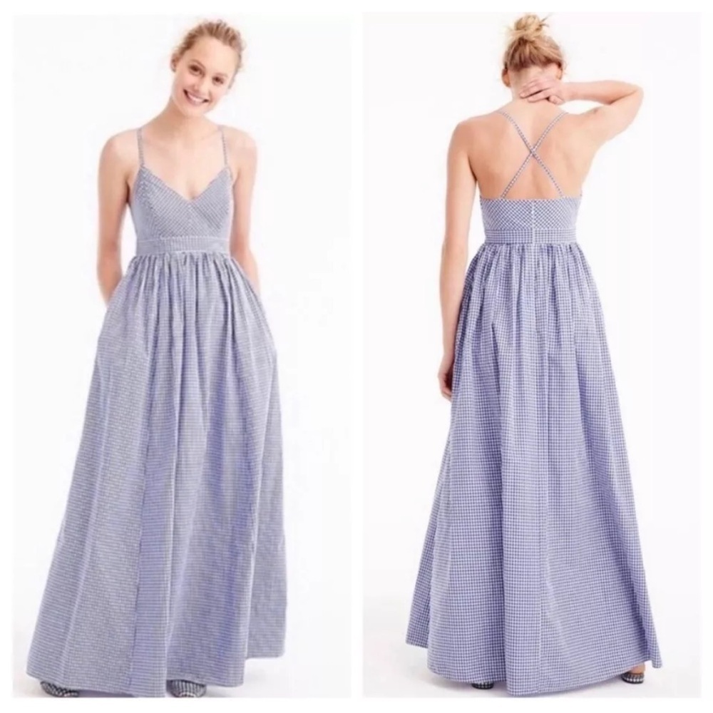 J. Crew Spaghetti Strap Maxi Gingham Dress Hown White Blue‎ Women’s Sz 10
